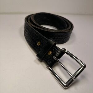 Bullhide Mens 44 Black Leather Basket Woven Pattern Belt Silver Buckle Made USA